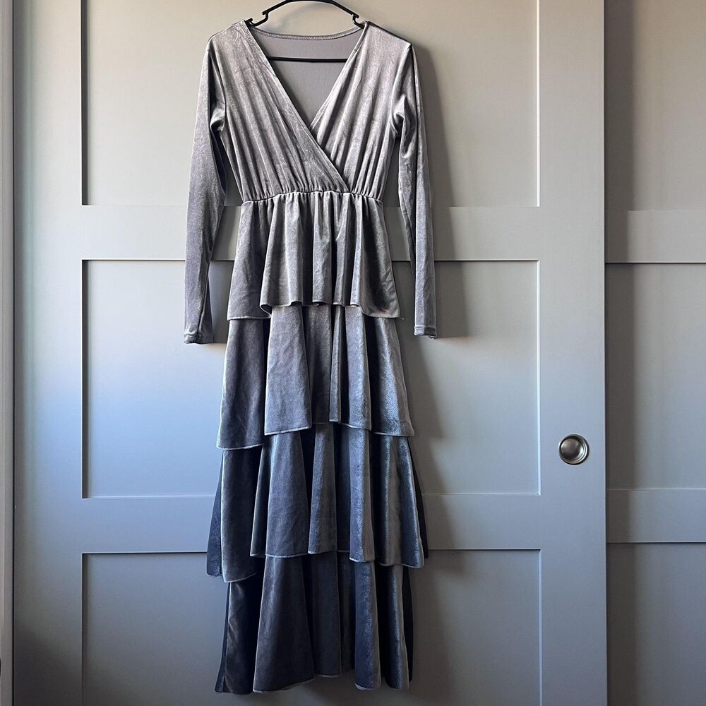 SHEIN Dress Womens XS Gray Velvet Tiered Maxi Long Sleeve Ruffle Party‎ Evening